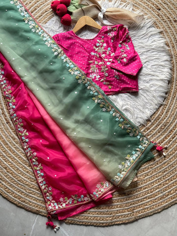 Pink & pista soft organza saree with pink hand work blouse