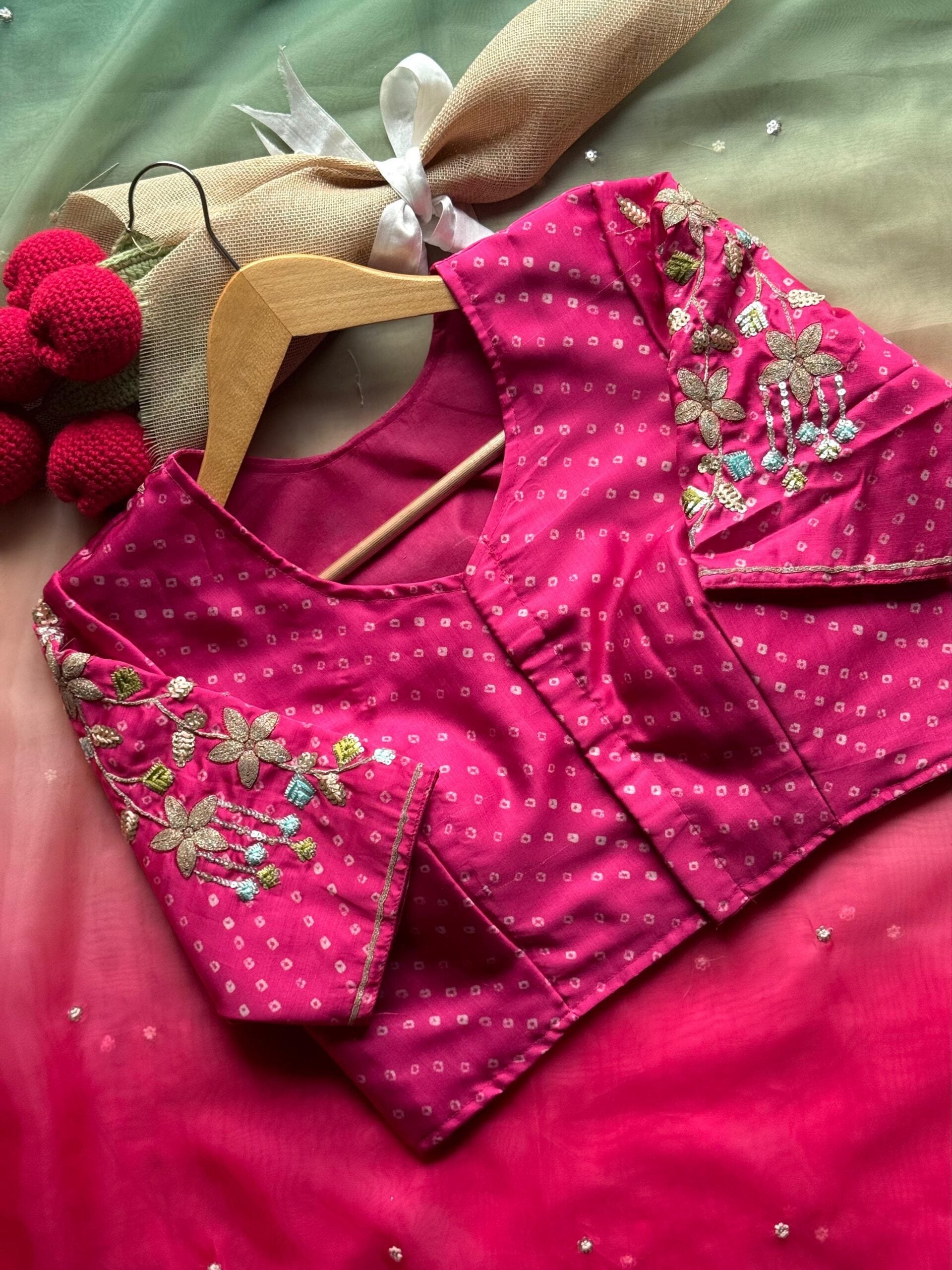 Pink & pista soft organza saree with pink hand work blouse