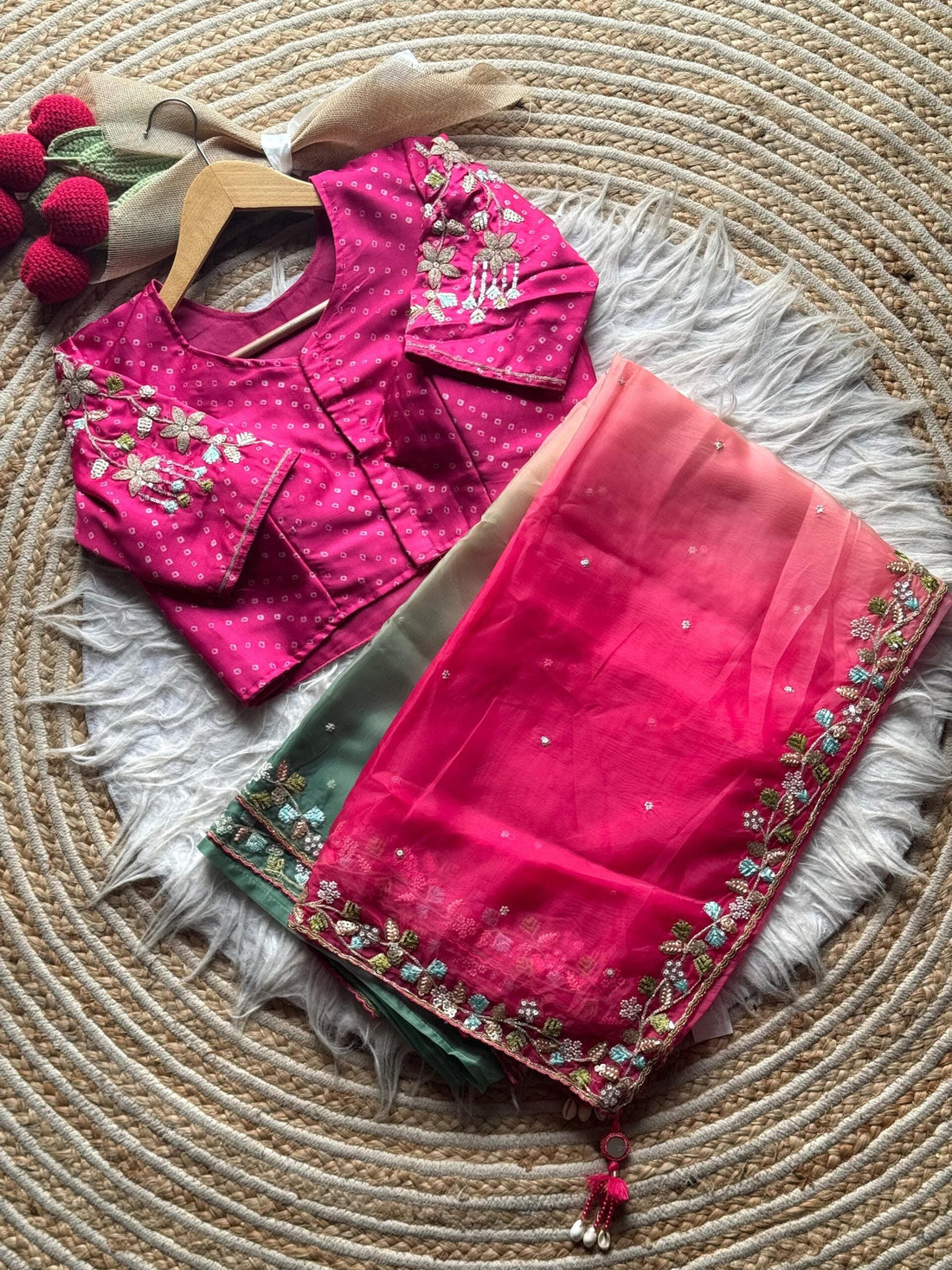 Pink & pista soft organza saree with pink hand work blouse