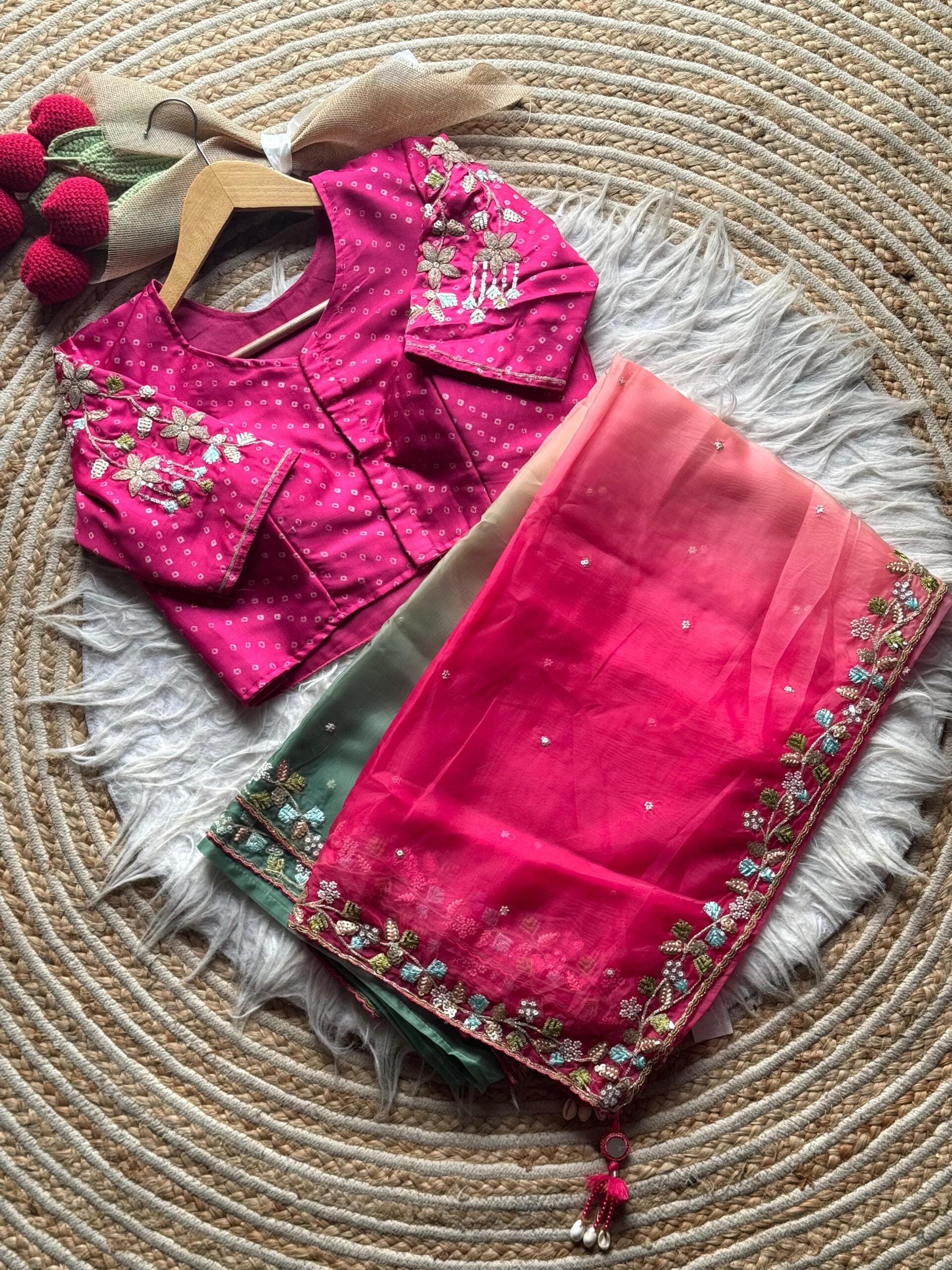 Pink & pista soft organza saree with pink hand work blouse