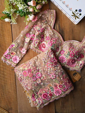 Tiararose Beige Net Floral Embroidered Saree