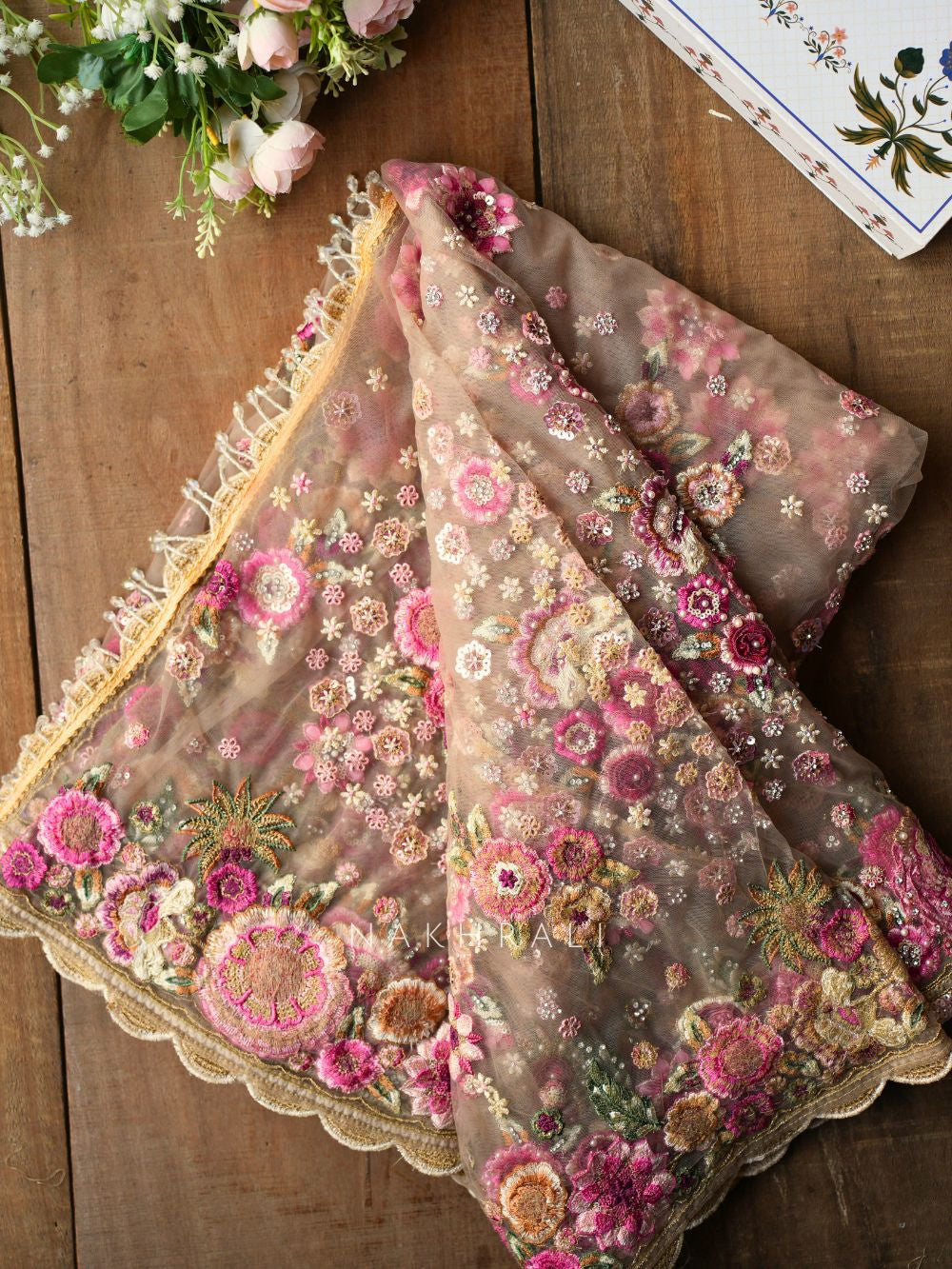 Tiararose Beige Net Floral Embroidered Saree