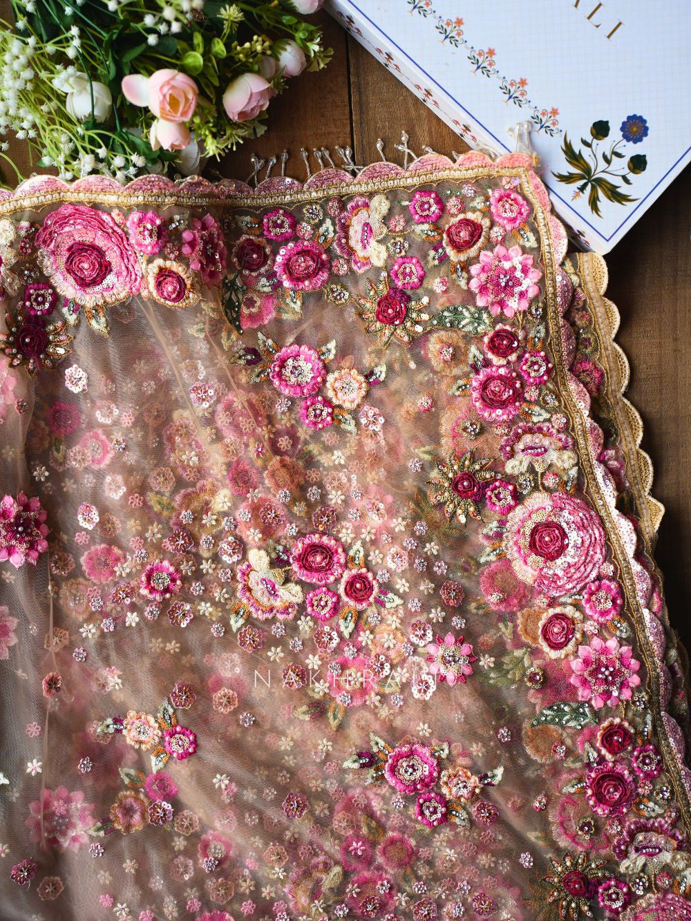 Tiararose Beige Net Floral Embroidered Saree