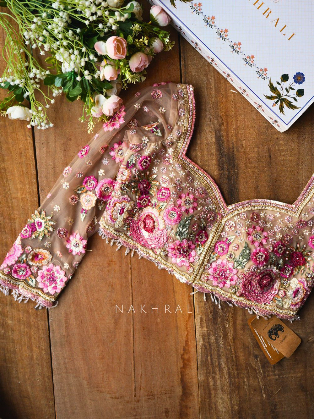 Tiararose Beige Net Floral Embroidered Saree