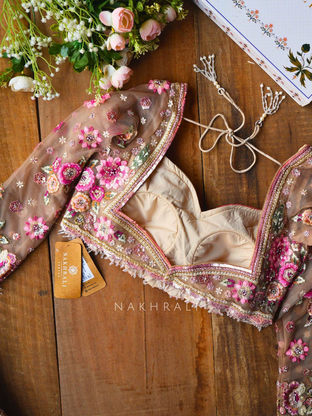 Tiararose Beige Net Floral Embroidered Saree