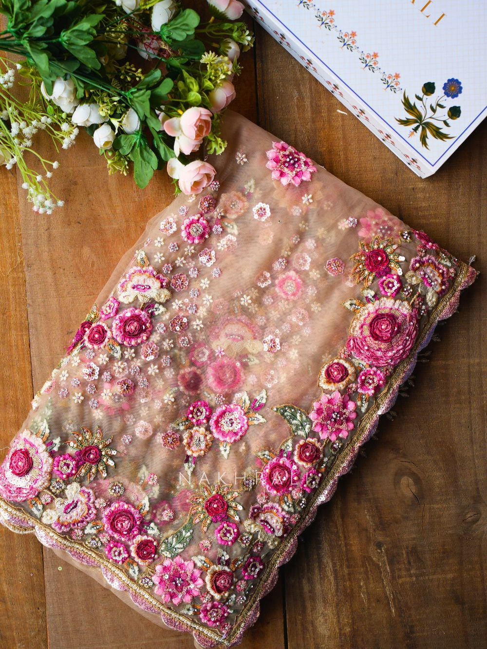 Tiararose Beige Net Floral Embroidered Saree