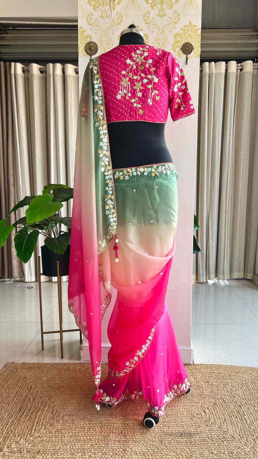 Pink & pista soft organza saree with pink hand work blouse