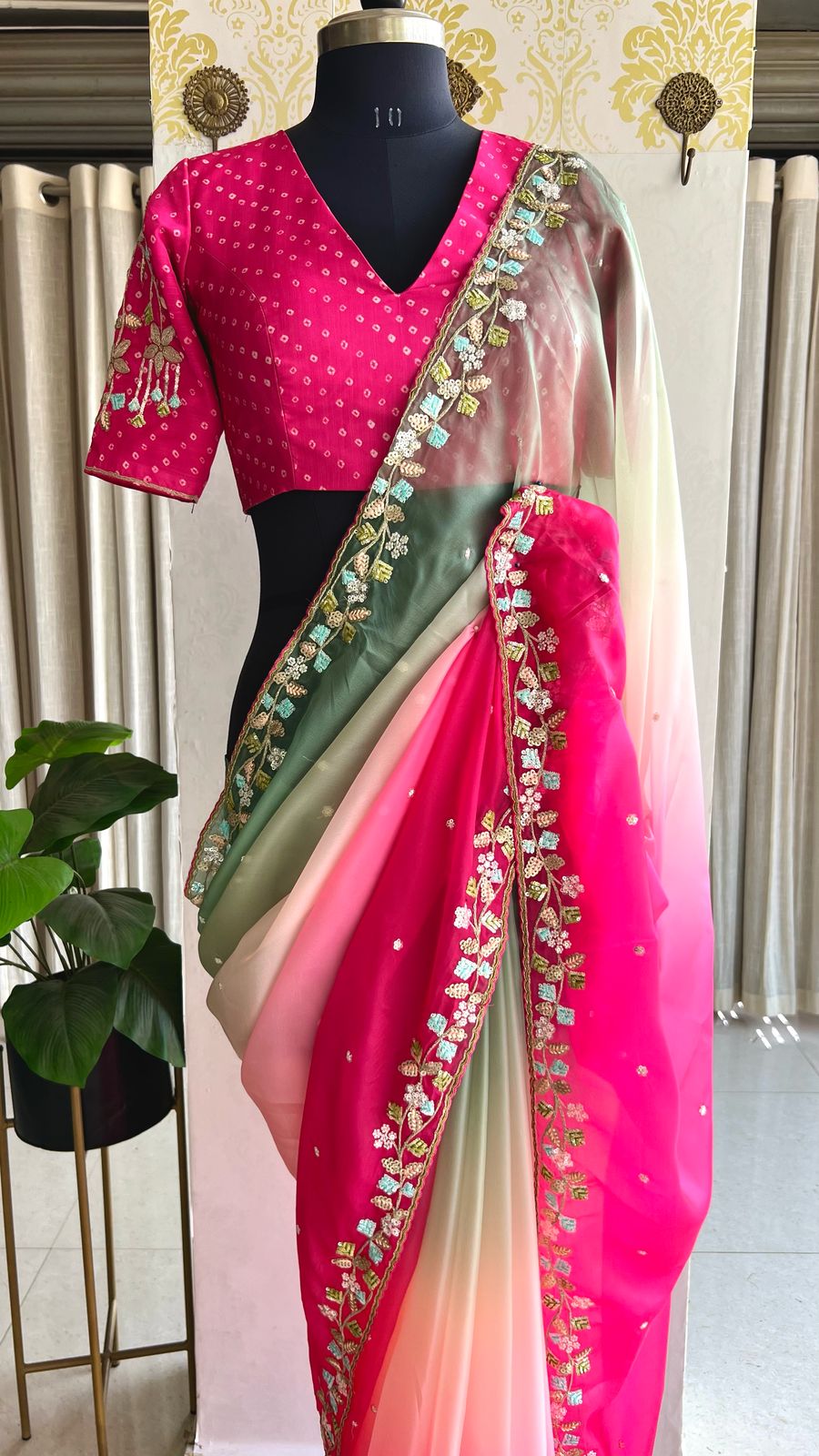 Pink & pista soft organza saree with pink hand work blouse